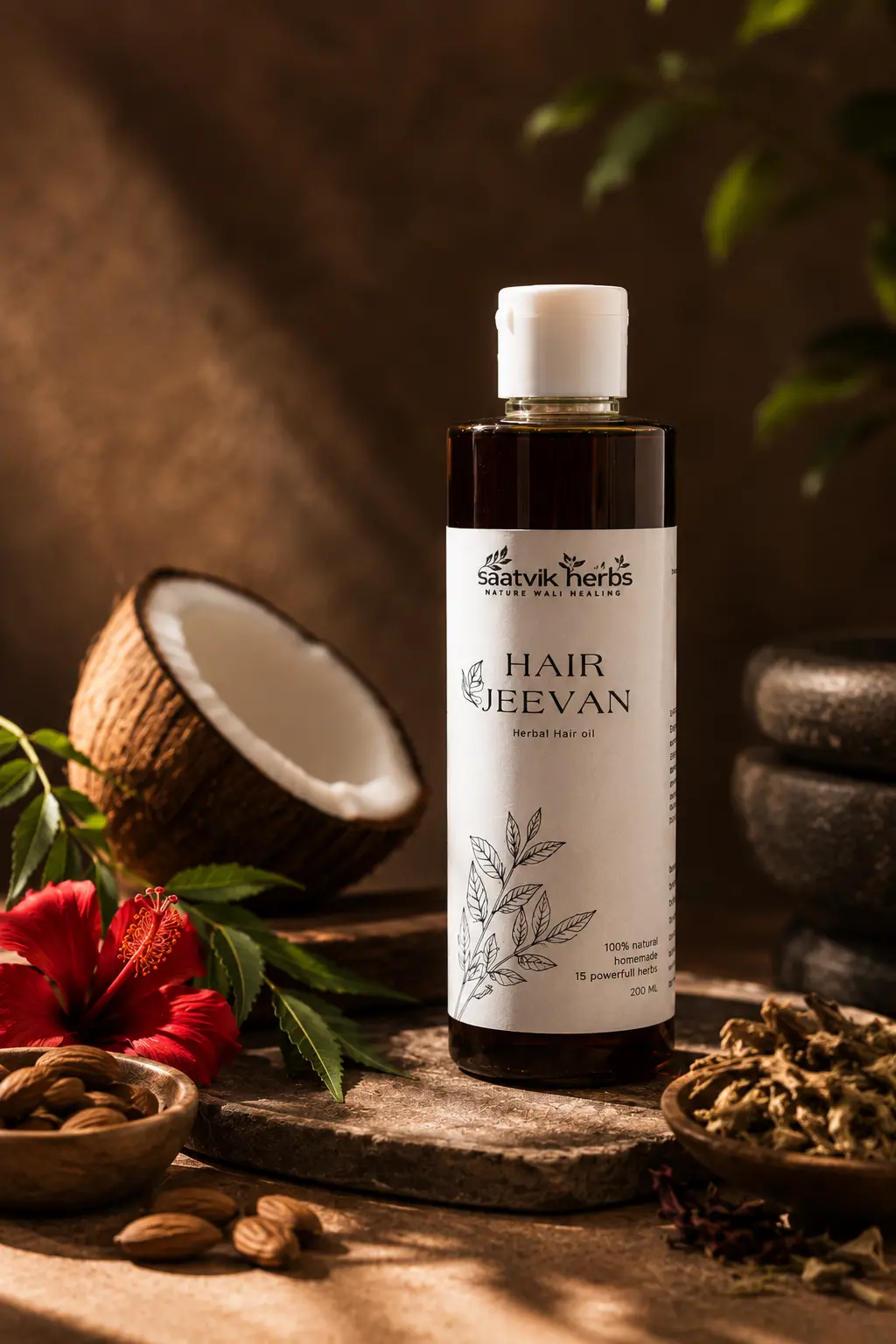 The Hair Jeevan bottle on a stone slab surrounded by a halved coconut, almonds, a red hibiscus flower, neem leaves and dried herbs